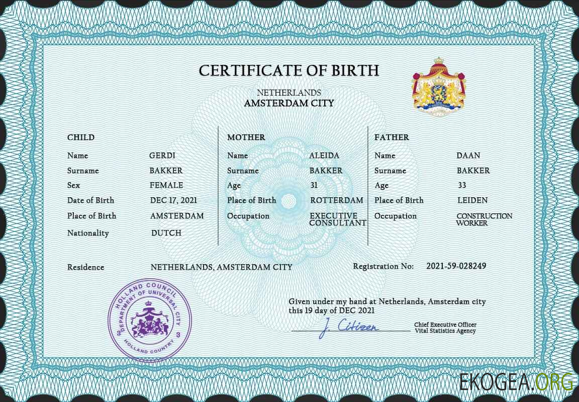 Modèle PSD de certificat de naissance de l'état civil des Pays Bas